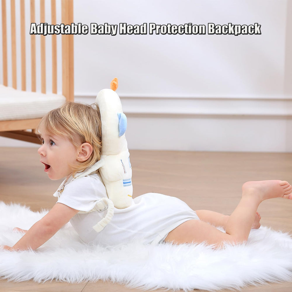 Feidoog packaging includes head protector and three knee pads for learning to crawl.
