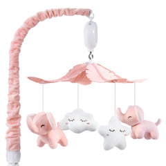 FEISIKE pink elephant crib mobile with soft dolls for visual stimulation and calming bedtime ambiance.