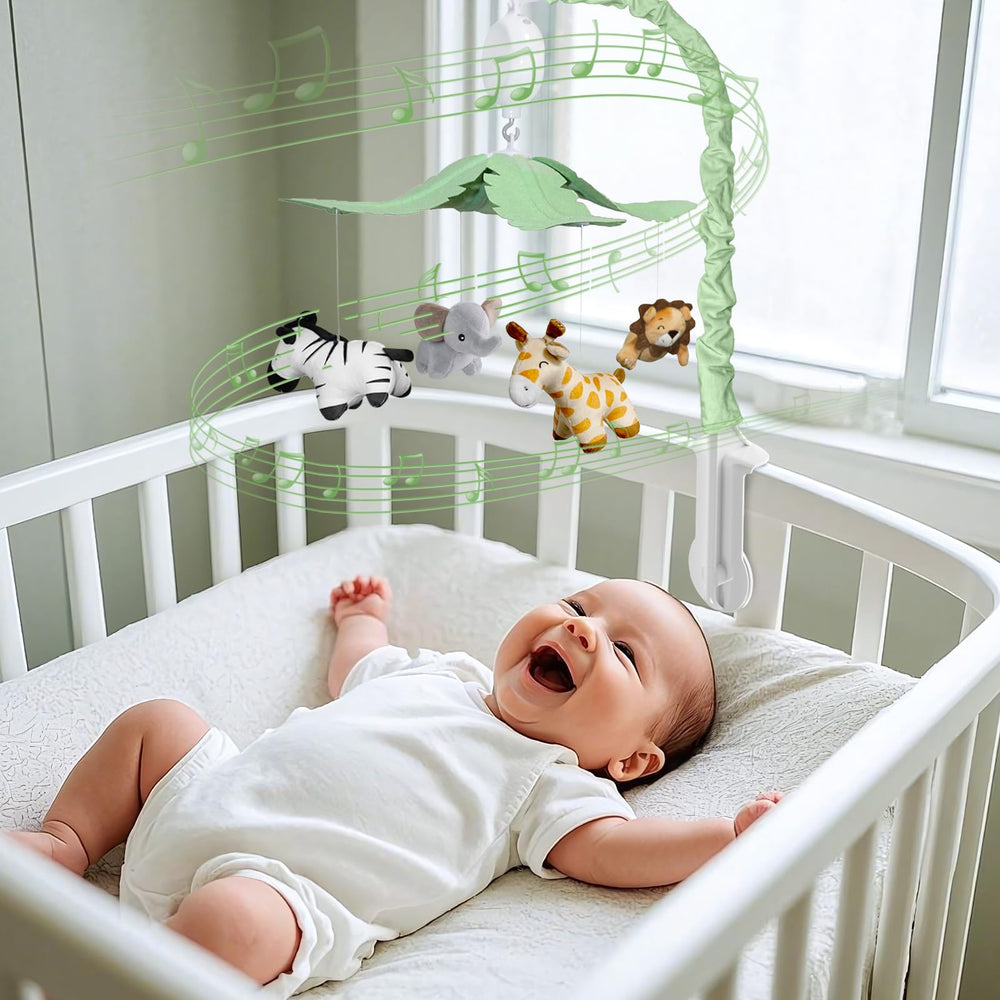 FEISIKE Jungle Safari Baby Crib Mobile rotation mechanism — smooth spin for calm focus.