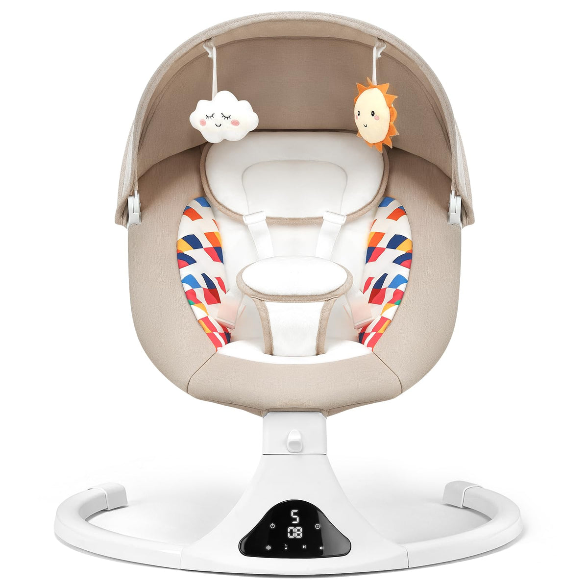 Feitiong baby swing beige seat with floral cushion for gentle soothing naps.