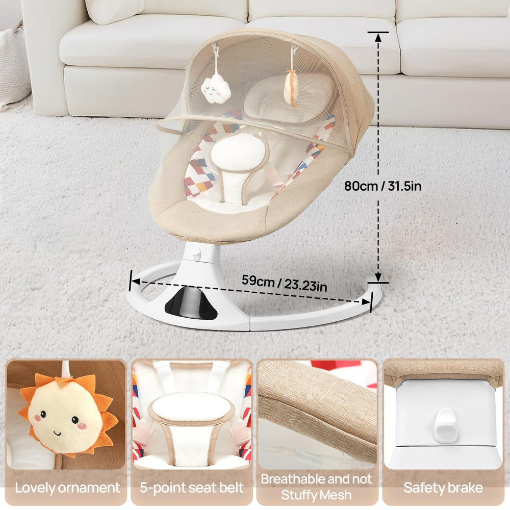 Feitiong swing with a 5-point harness and washable fabric.