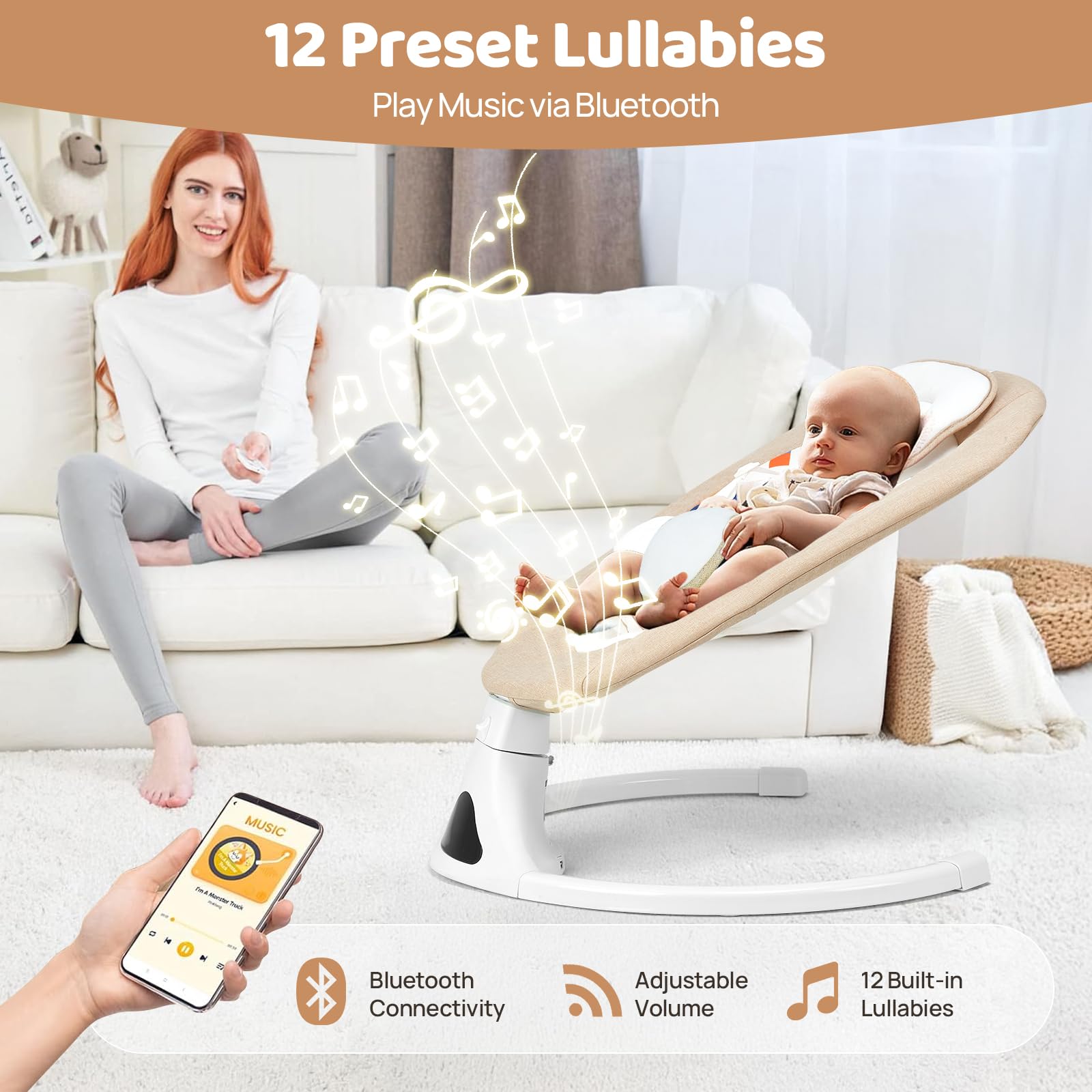 Feitiong baby swing provides 12 lullabies to soothe and entertain.