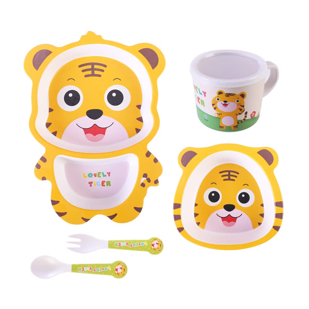 Fekdod bamboo kids dinnerware plate with tiger design for easy self-feeding