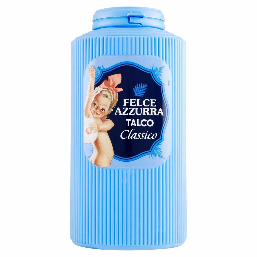 Felce Azzurra talc Classico powder close-up showing silky texture and scent.