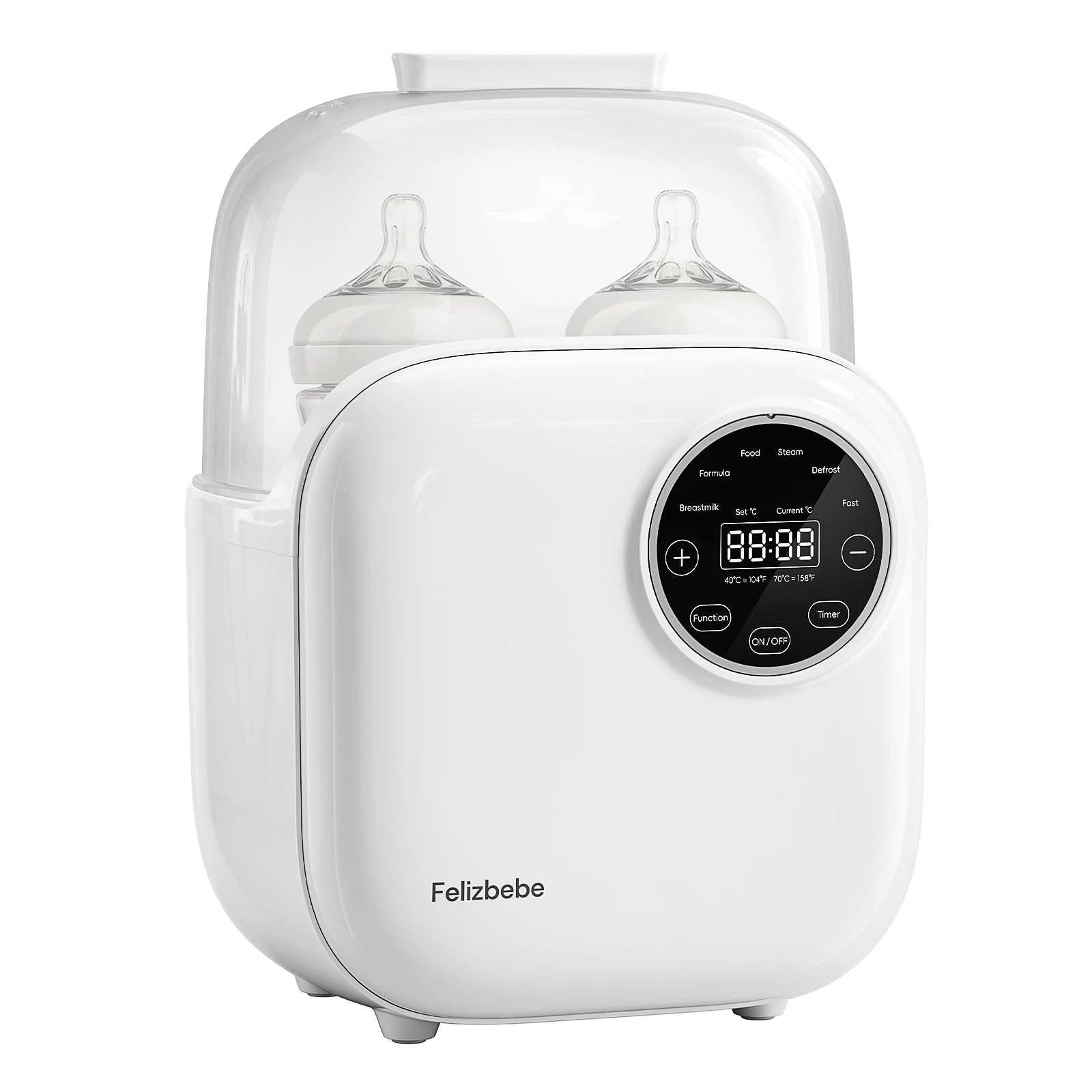 Felizbebe 10-in-1 double bottle warmer front view showing compact design for busy parents