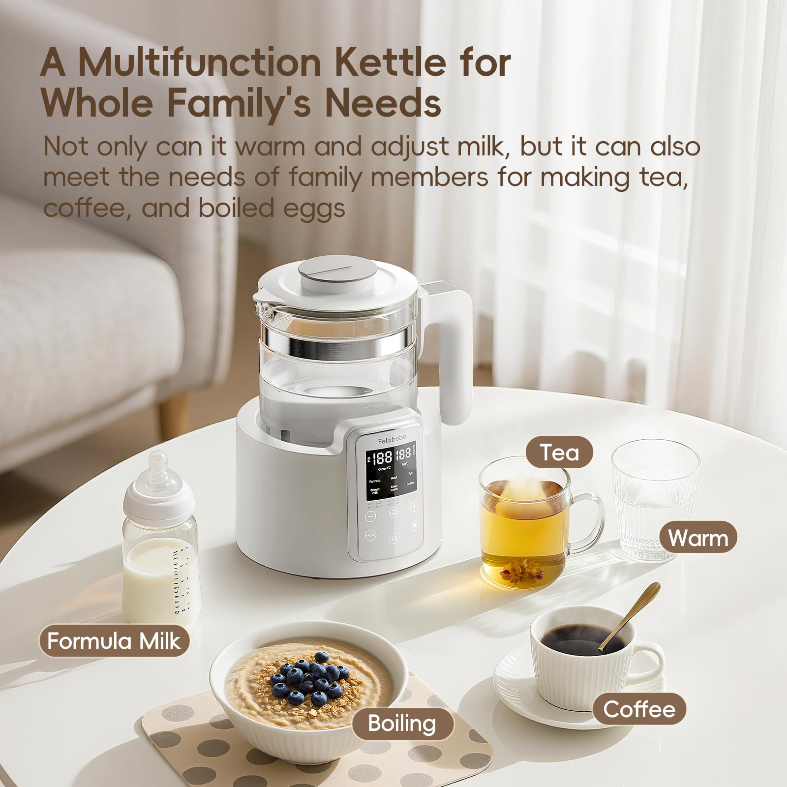Felizbebe versatile device for baby feeding and hot beverages.