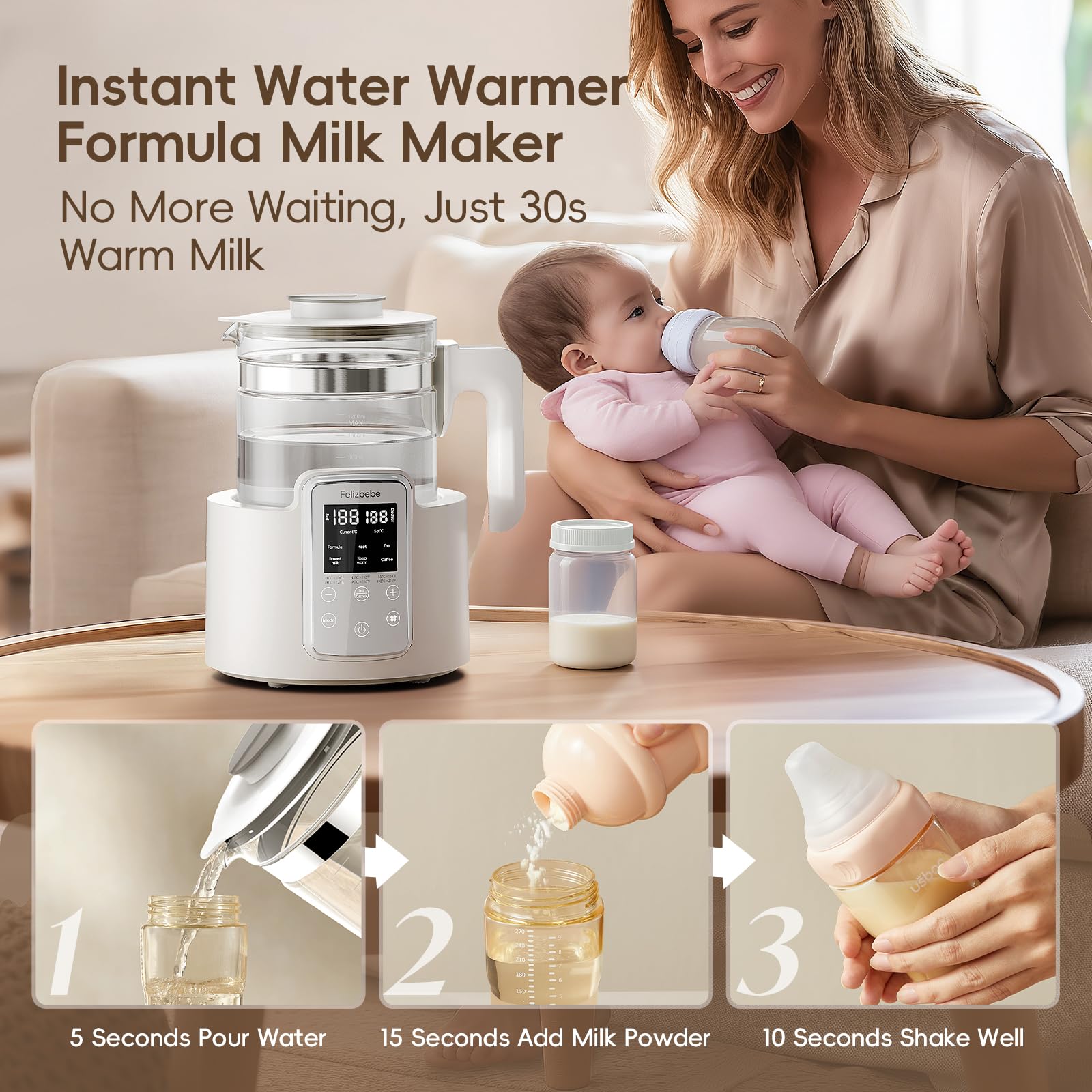 Felizbebe water warmer with fast cooling fan for quick formula prep.