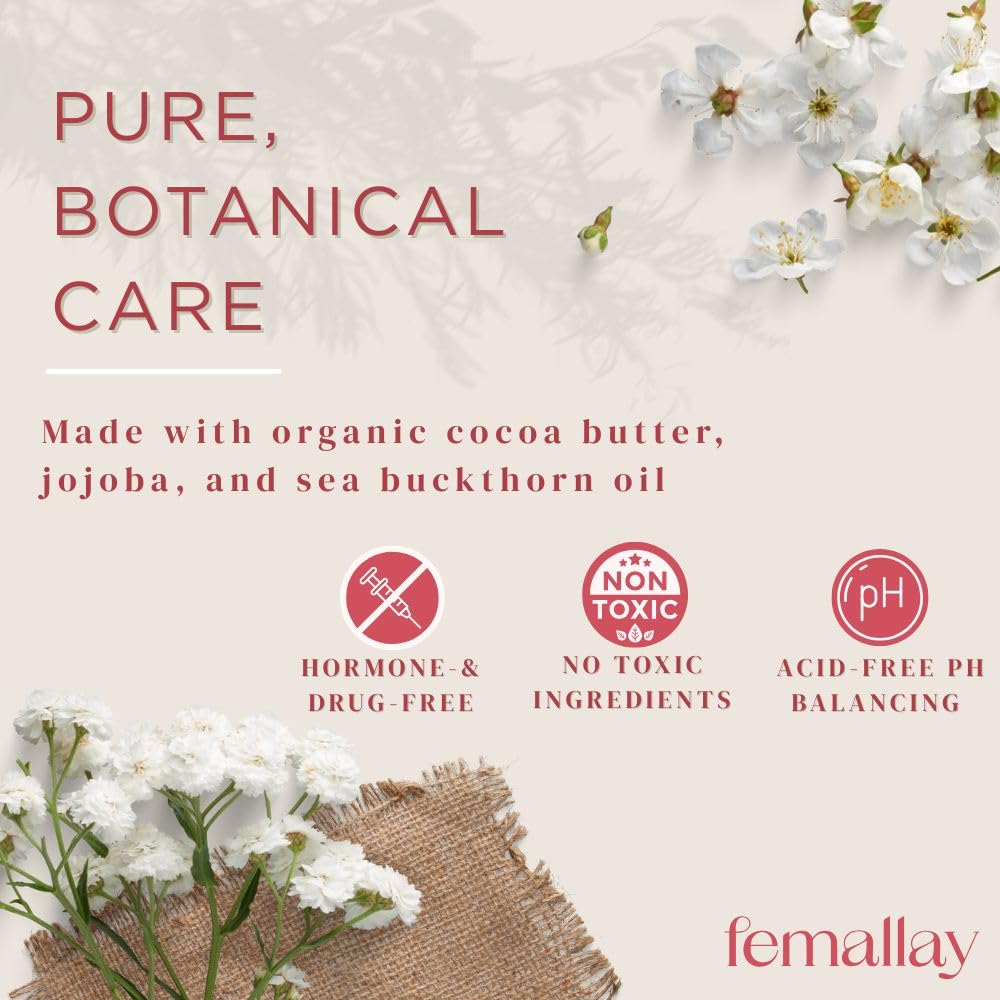Femallay ingredients include cocoa butter and jojoba for gentle nourishment