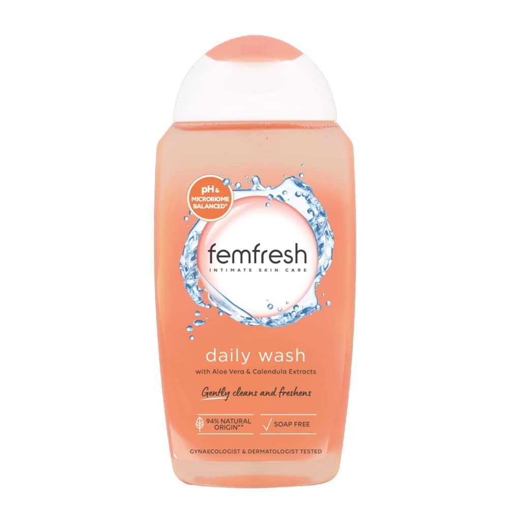 Femfresh intimate wash bottle with aloe vera for balanced pH.