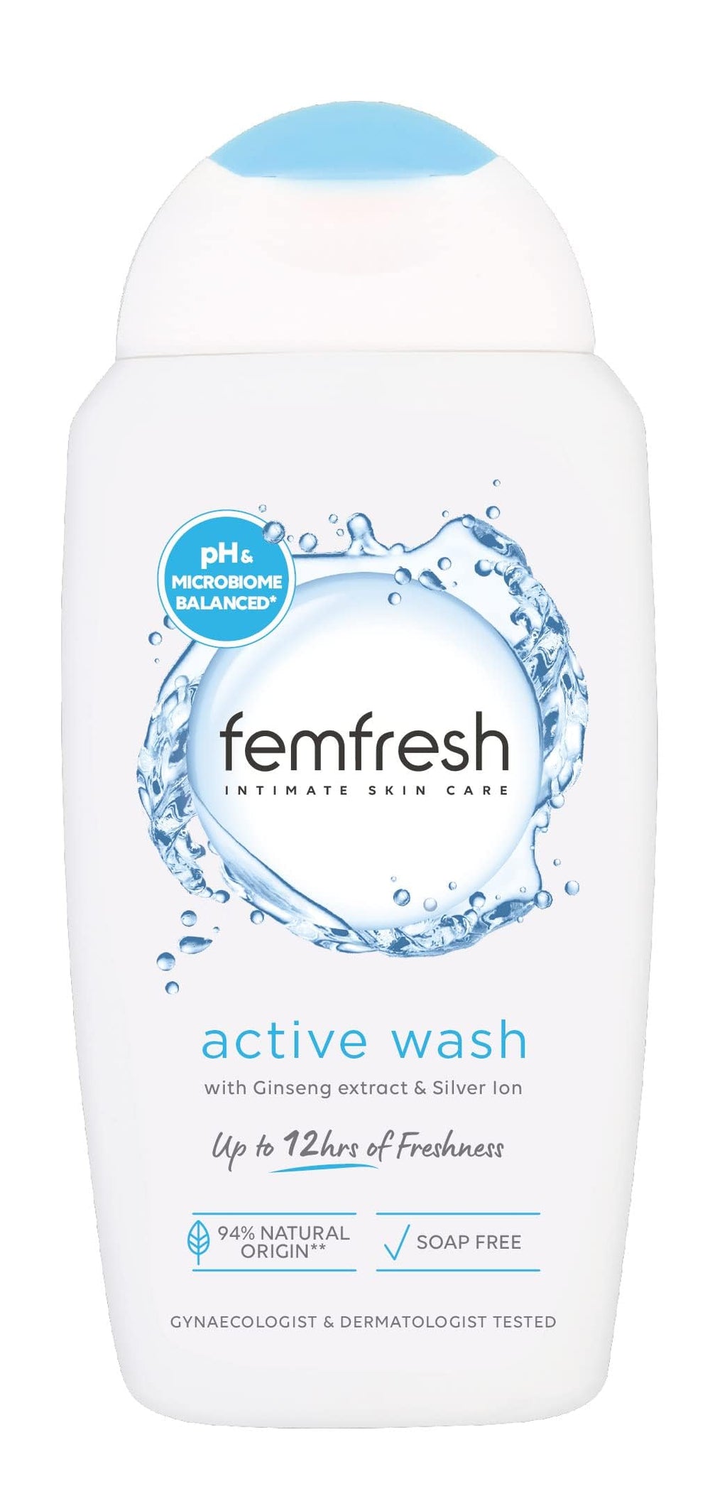 Femfresh Ultimate Care Active Wash bottle promotes fragrance-free, pH-balanced daily intimate hygiene.