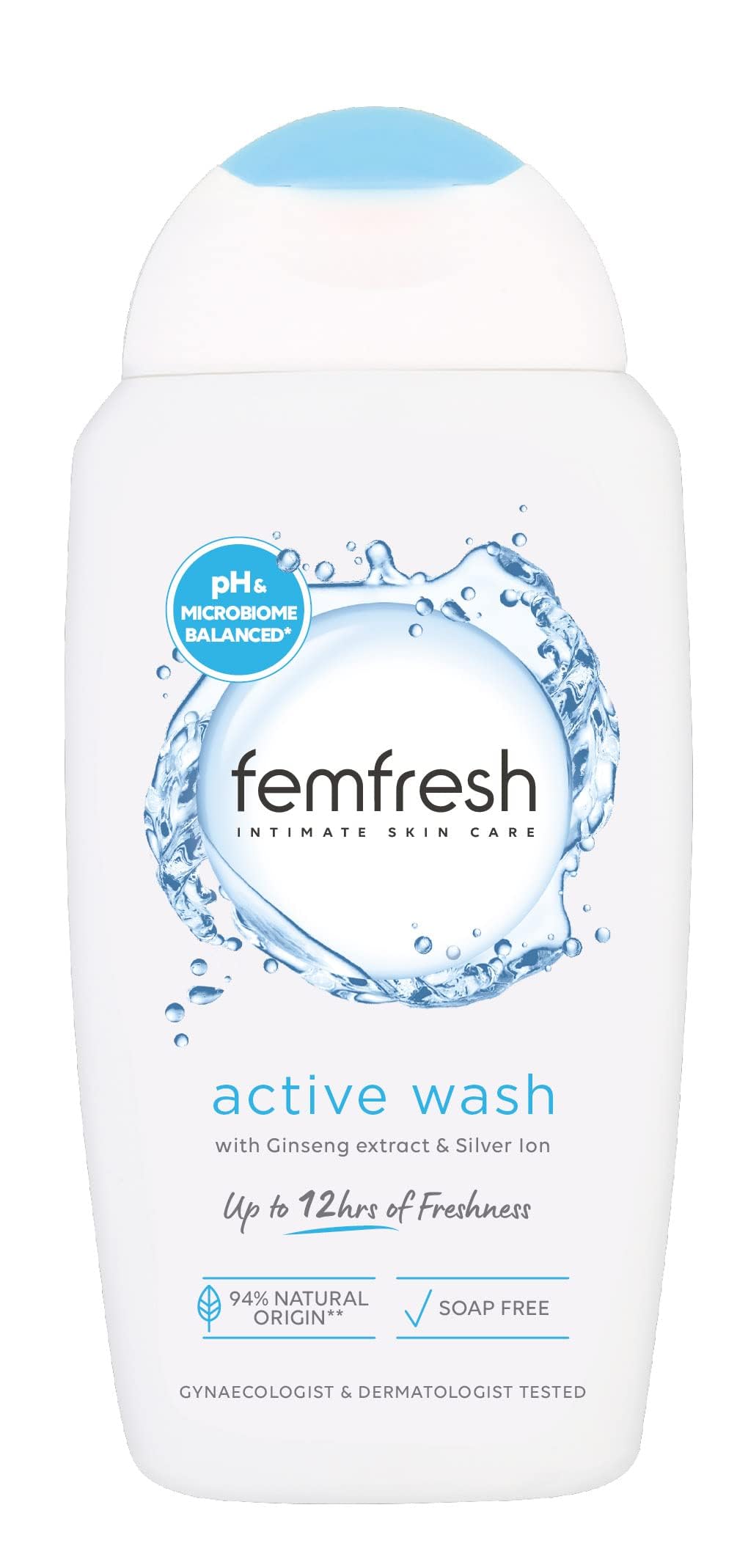 Femfresh Ultimate Care Active Wash bottle promotes fragrance-free, pH-balanced daily intimate hygiene.