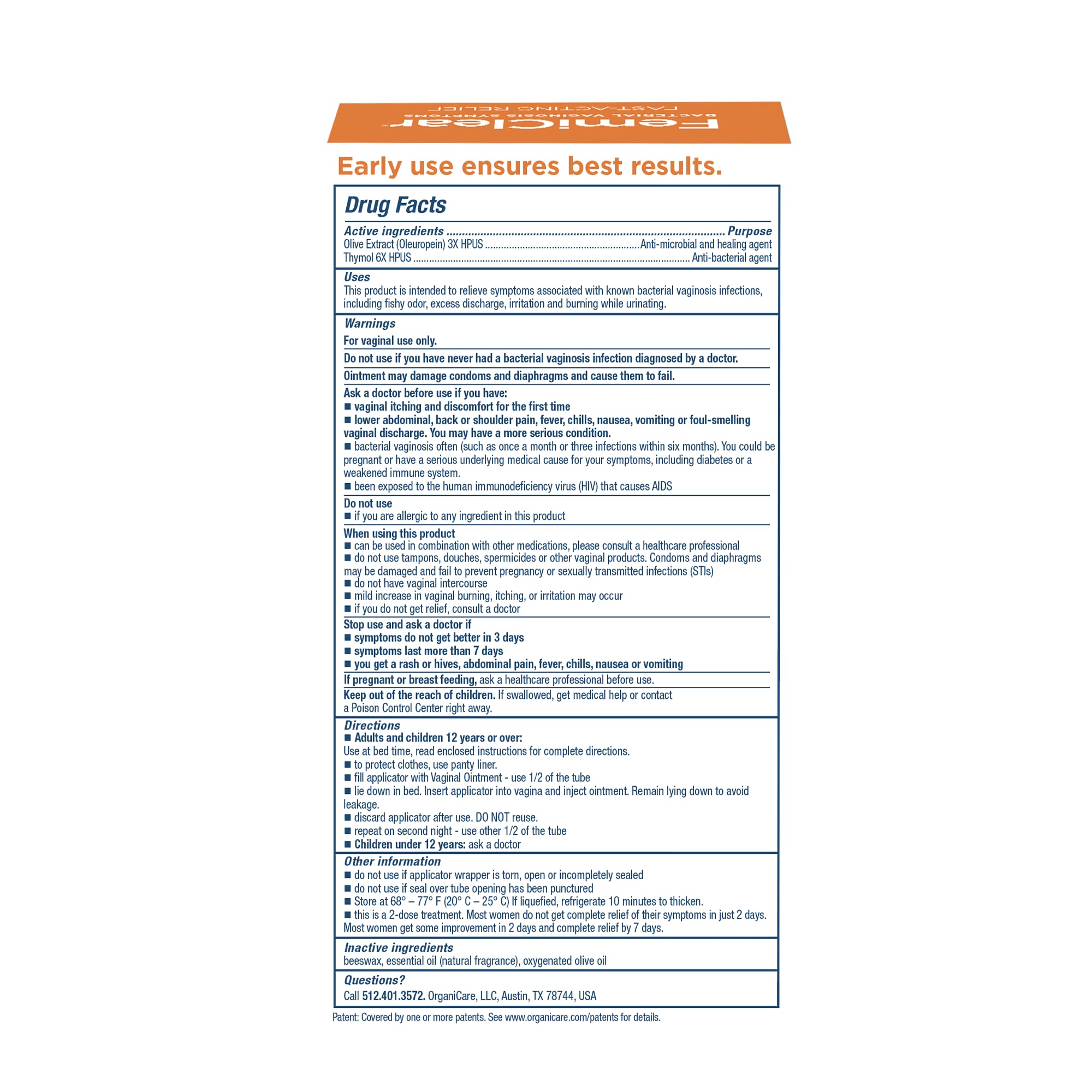 Close-up of FemiClear BV Symptoms label detailing natural ingredients and directions