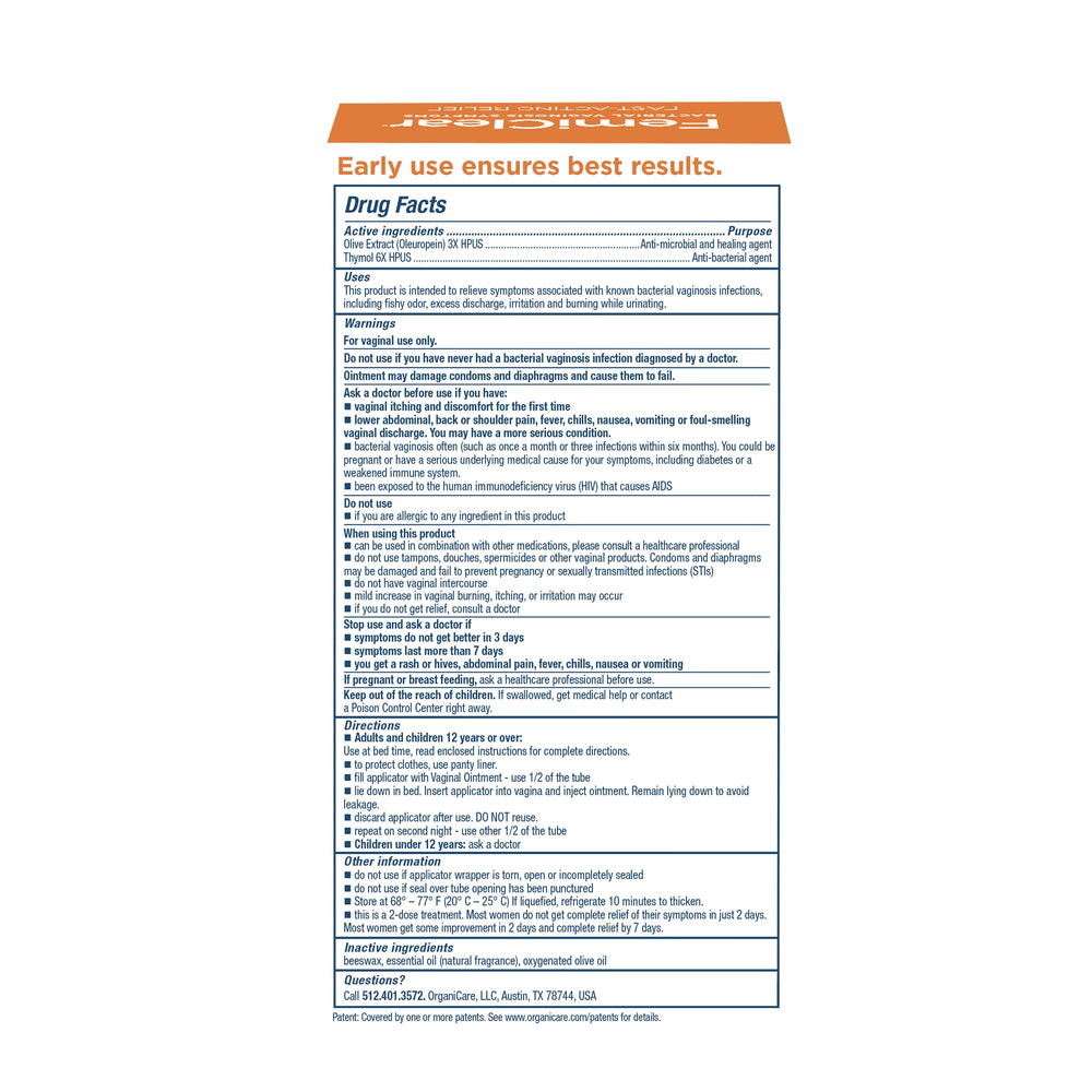 Close-up of FemiClear BV Symptoms label detailing natural ingredients and directions