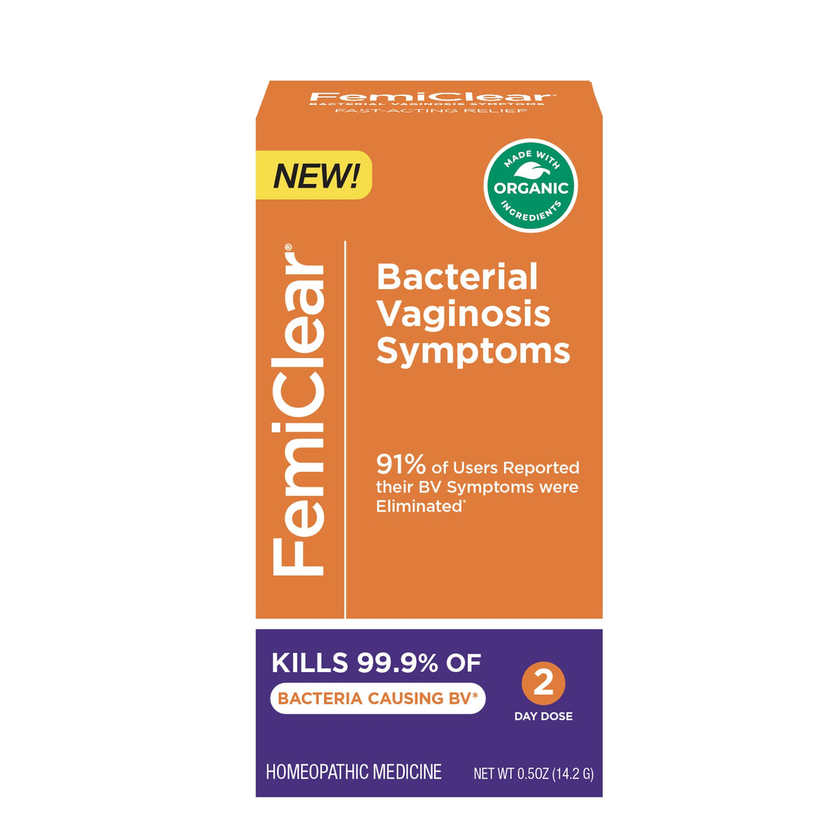 FemiClear BV Symptoms packaging shown with natural ingredients and brand focus