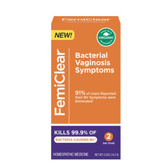 FemiClear BV Symptoms packaging shown with natural ingredients and brand focus