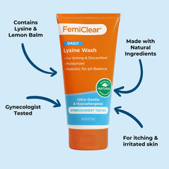 Close-up of lysine and lemon balm ingredients in FemiClear formula.