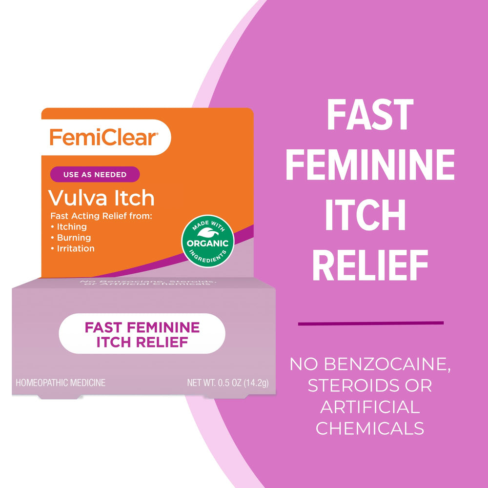 FemiClear ointment tube and cap shown for easy application on irritated skin.