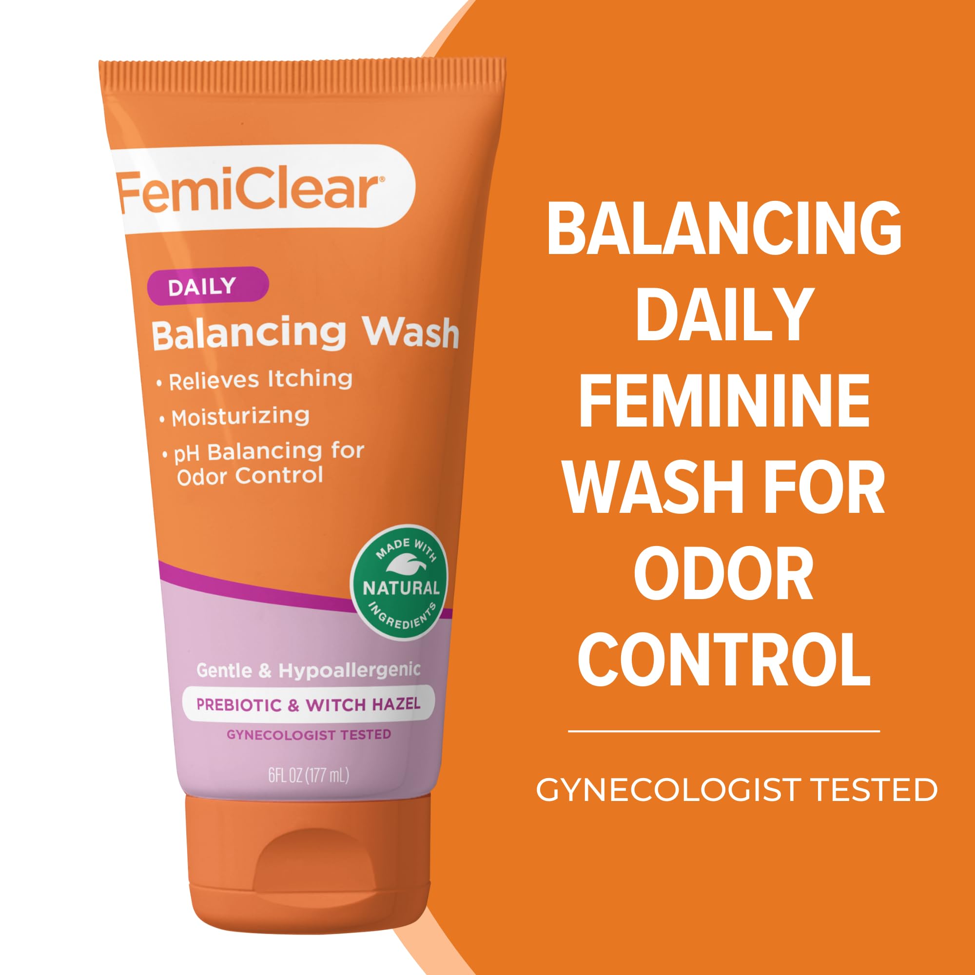 FemiClear Soothing Daily Wash bottle back view shows safe, sulfate-free formula.