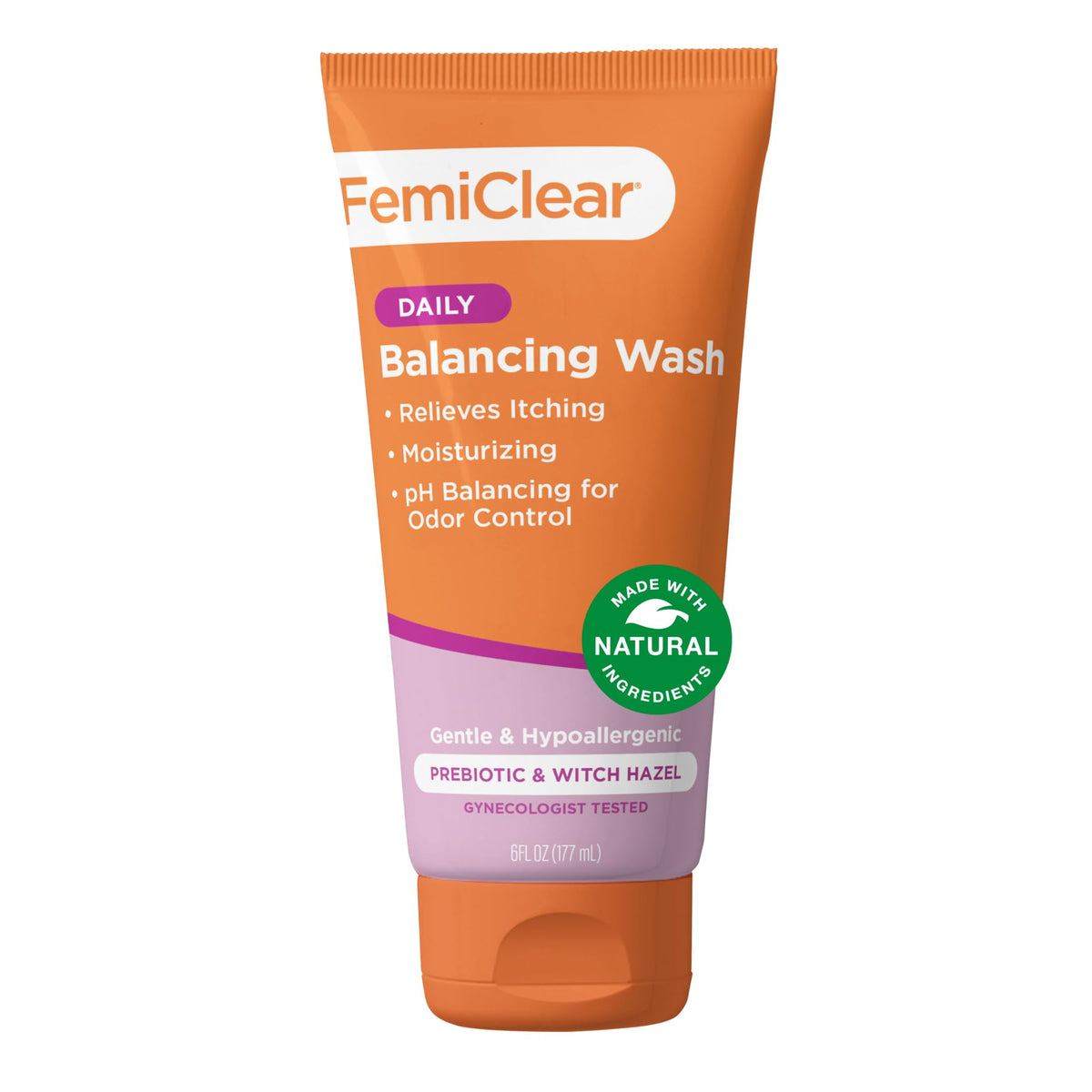 FemiClear Soothing Daily Wash bottle showing gentle cleansing for sensitive skin