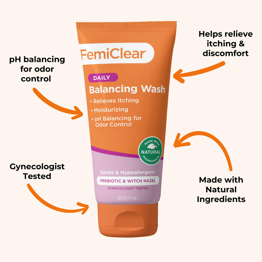 Closeup of FemiClear Soothing Daily Wash label showing fragrance-free safe ingredients