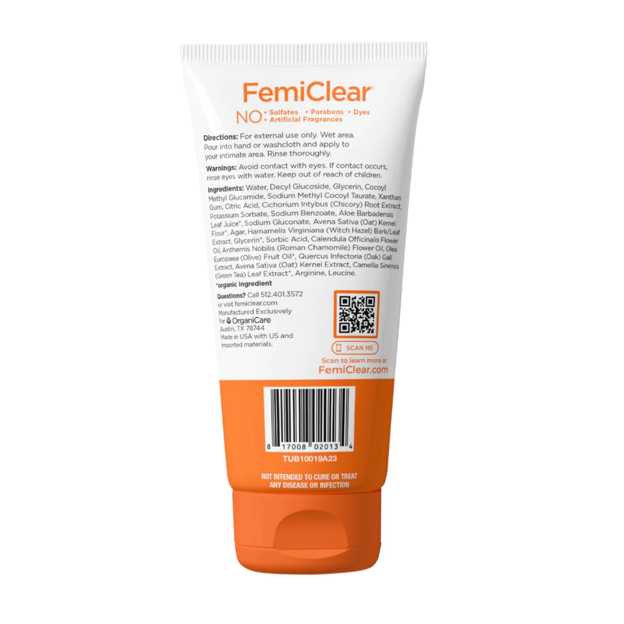 Packaging of 6FL oz FemiClear bottle shown for easy daily use
