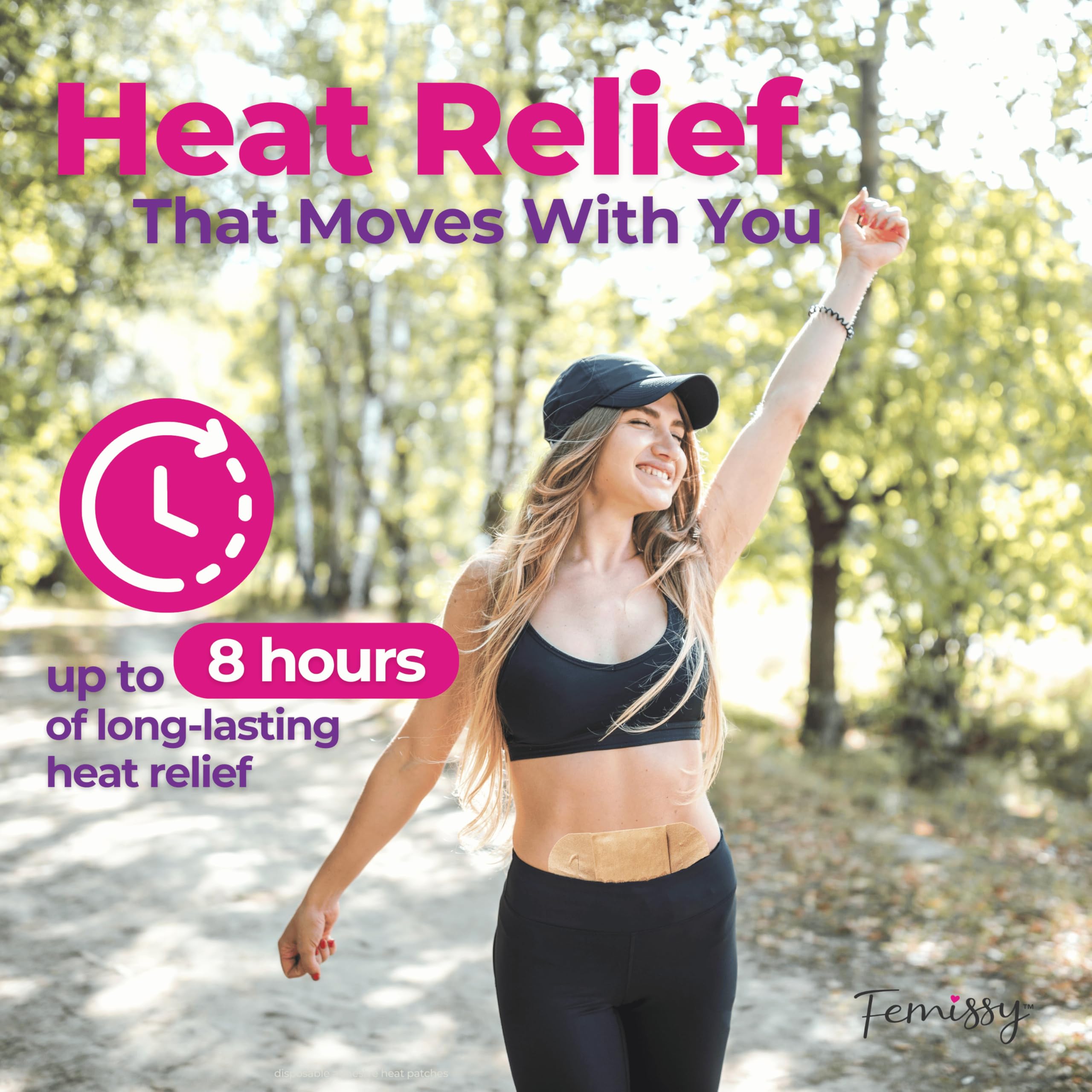 Femissy heat patch applied to the stomach for targeted relief