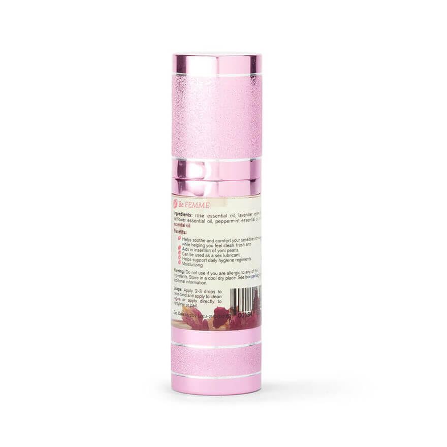 Close-up of Femme Detox Yoni Oil bottle with natural ingredients