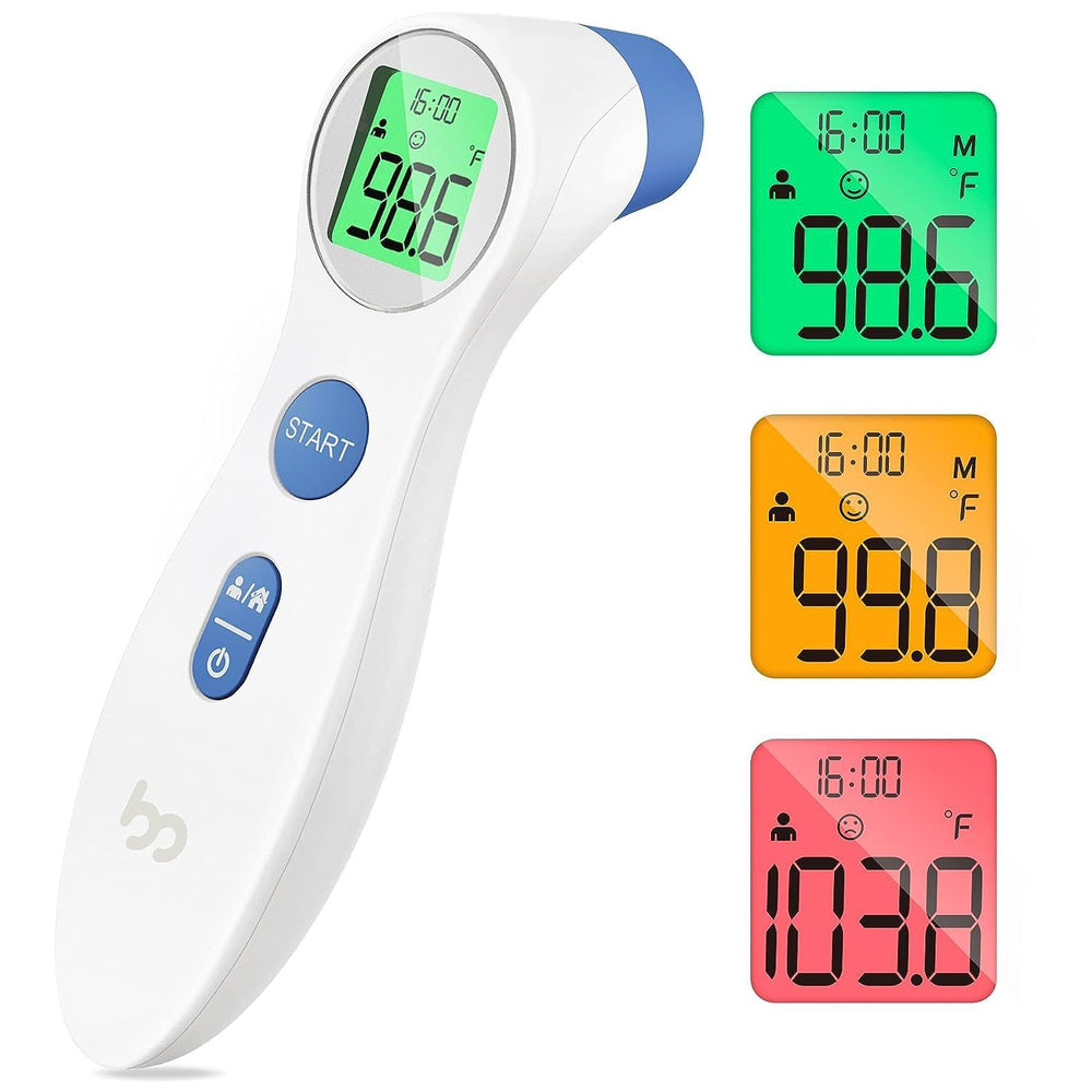 Femometer forehead thermometer held in hand with ergonomic grip for accurate readings.