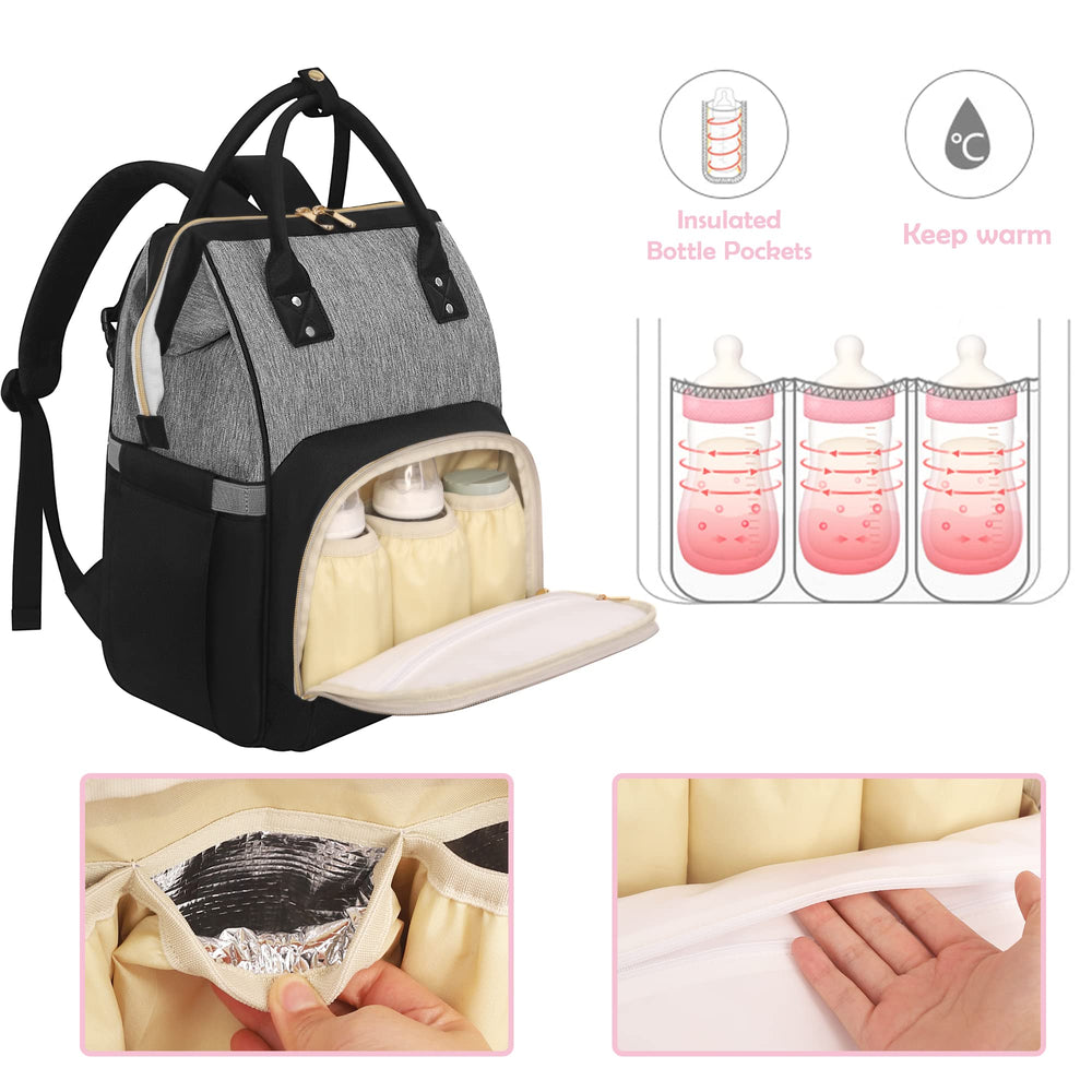 Femuar diaper bag backpack insulated pockets keep bottles warm during outings.