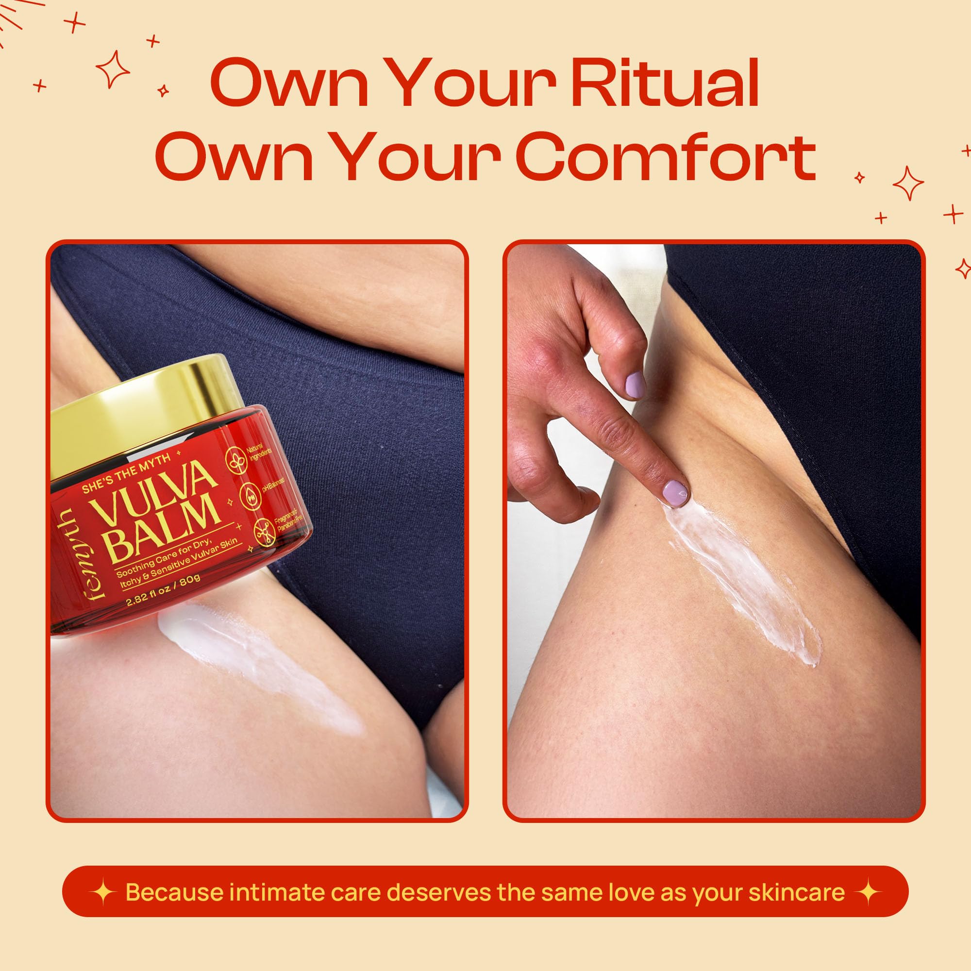 Daily-use scene with Femyth Vulva Balm suggests reliable hydration over time.