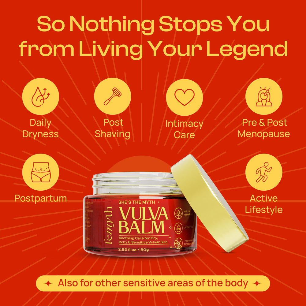 Glass jar of Femyth Vulva Balm on a clean surface signaling premium packaging.
