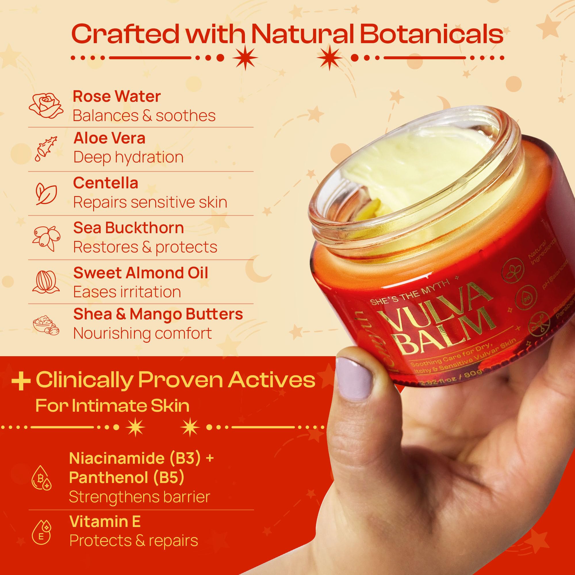 Close detail of Femyth Vulva Balm label emphasizing hormone-free, dermatologist-tested formula.