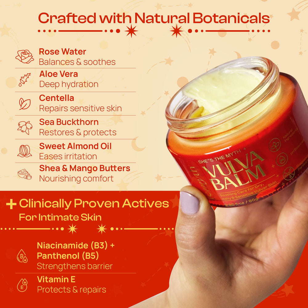Close detail of Femyth Vulva Balm label emphasizing hormone-free, dermatologist-tested formula.