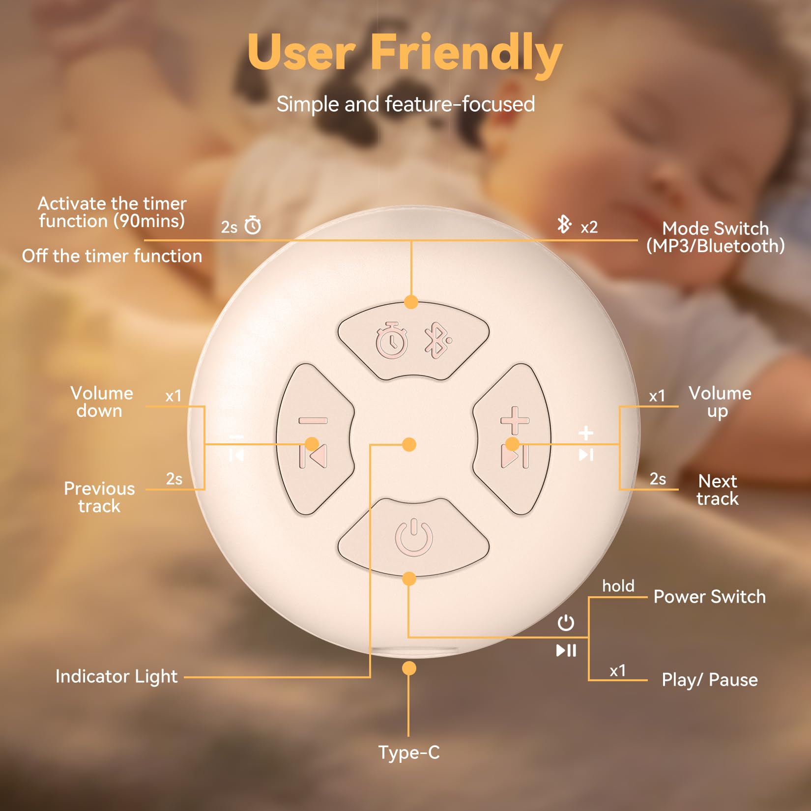 FENDALE portable sound machine offers 12 built-in sounds for customization.