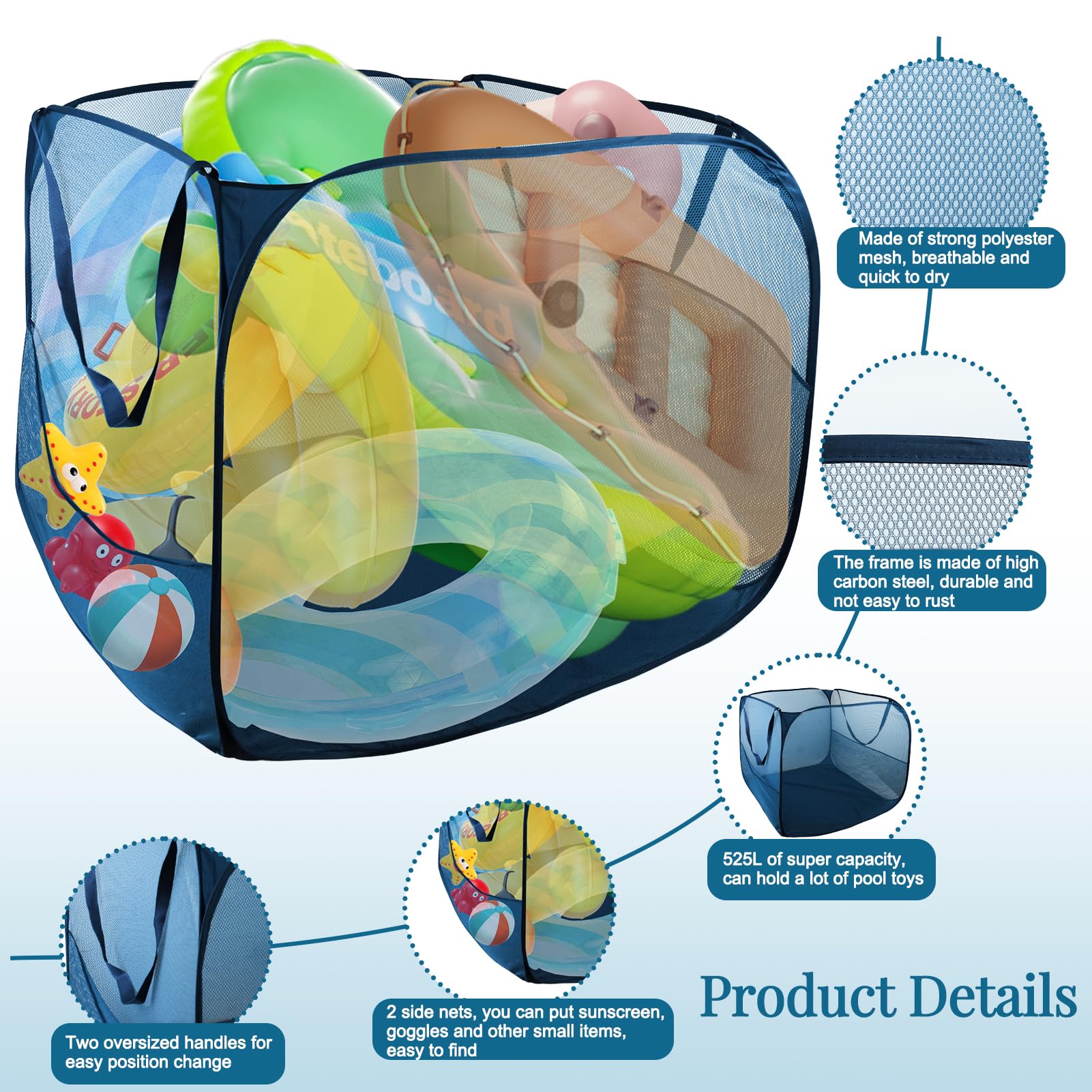 Feoang pool toy storage bag frame features sturdy steel support.