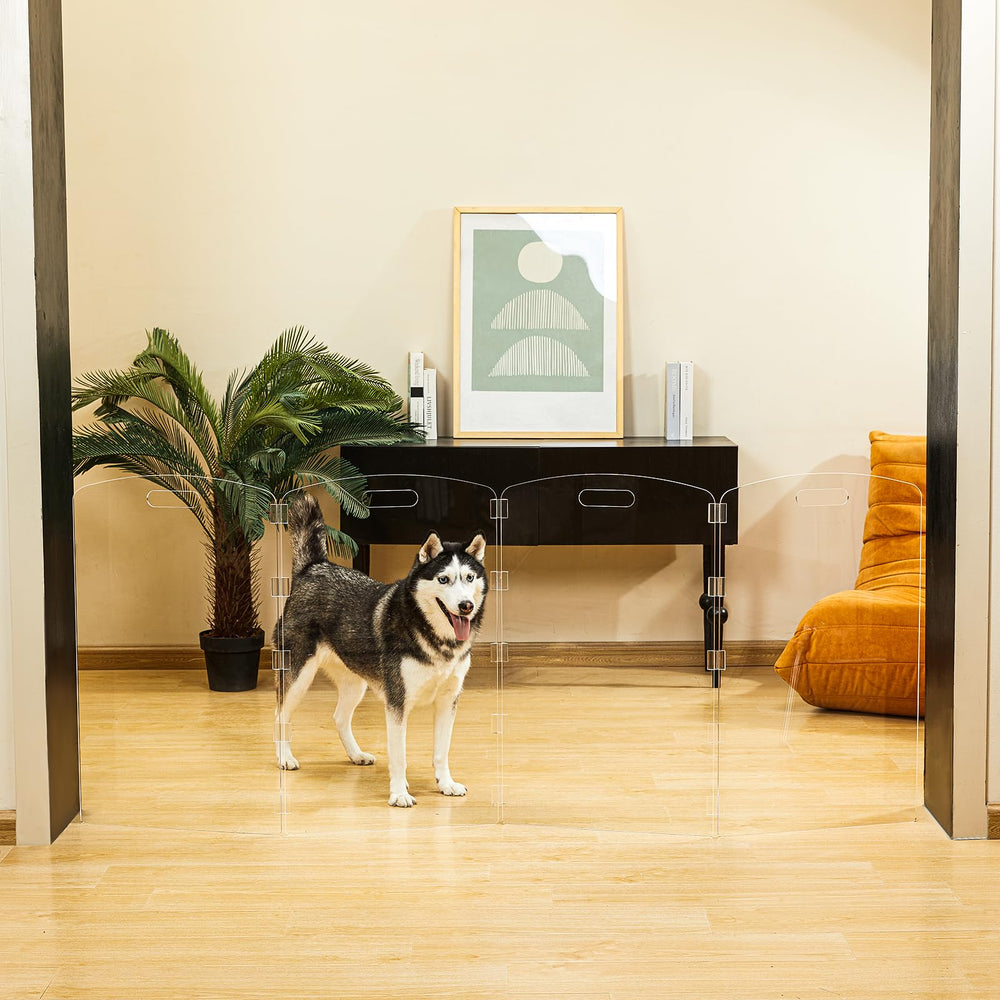 Feoyoho acrylic pet gate for doorways shows barrier flexibility without wall damage.