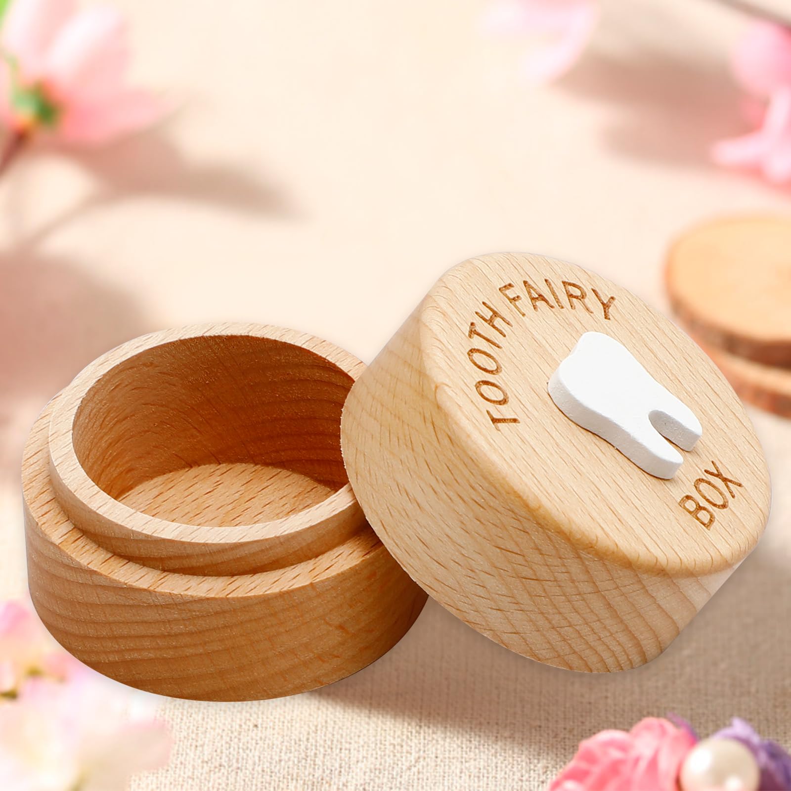 Fepibur Tooth Keepsake Box featuring easy-clean wood surface.