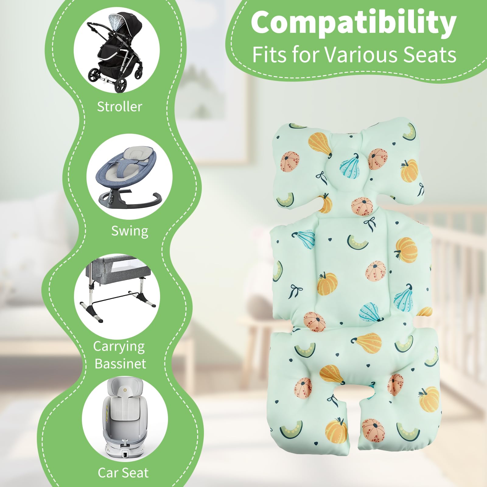 Fevbcnrj infant seat insert multi-functional use in car seats, strollers, and swings.