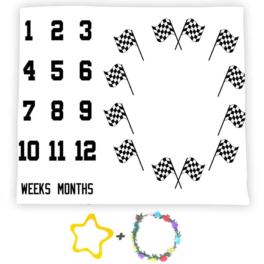 FFUN SOUL monthly milestone blanket with race car flags, ideal for growth photos.