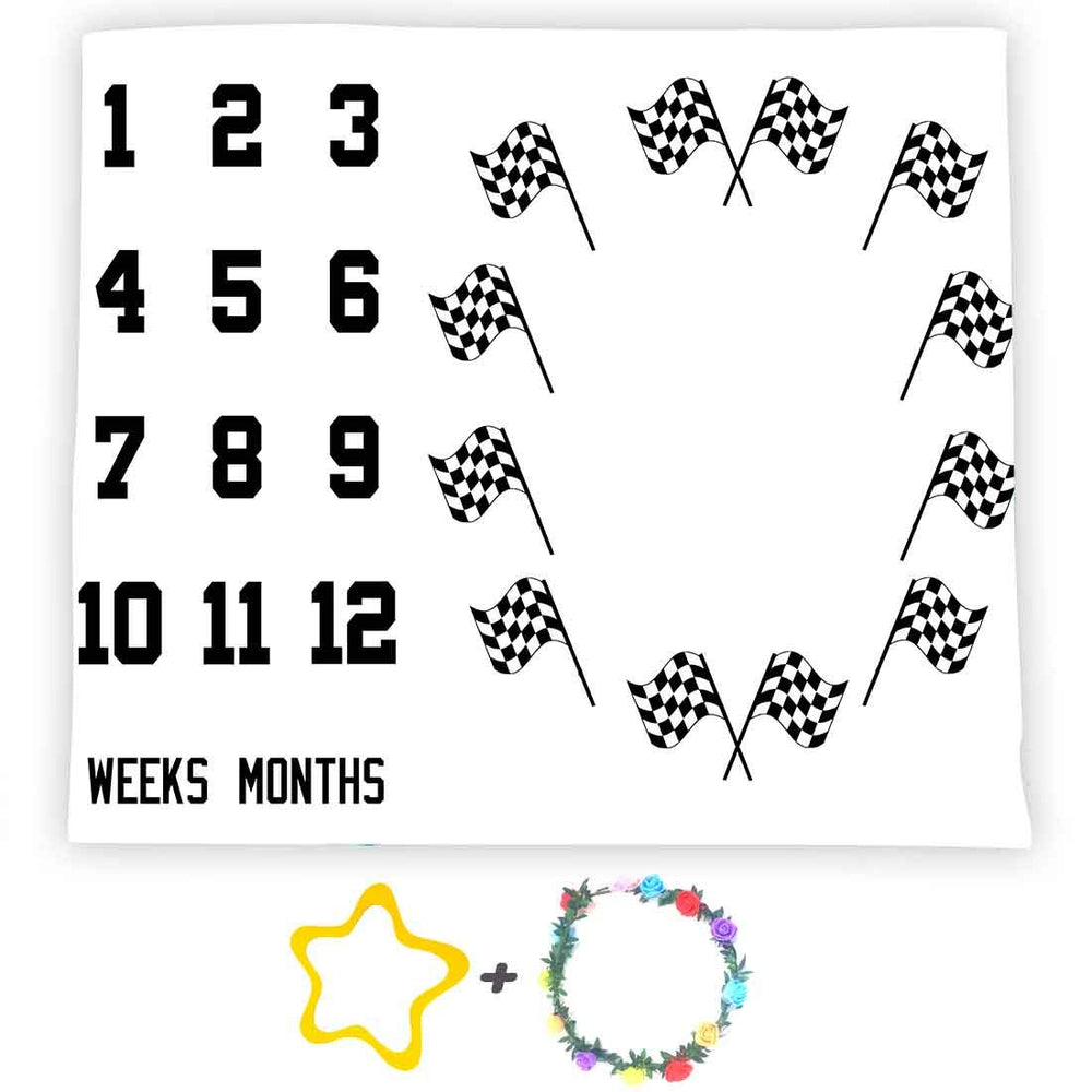 FFUN SOUL monthly milestone blanket with race car flags, ideal for growth photos.