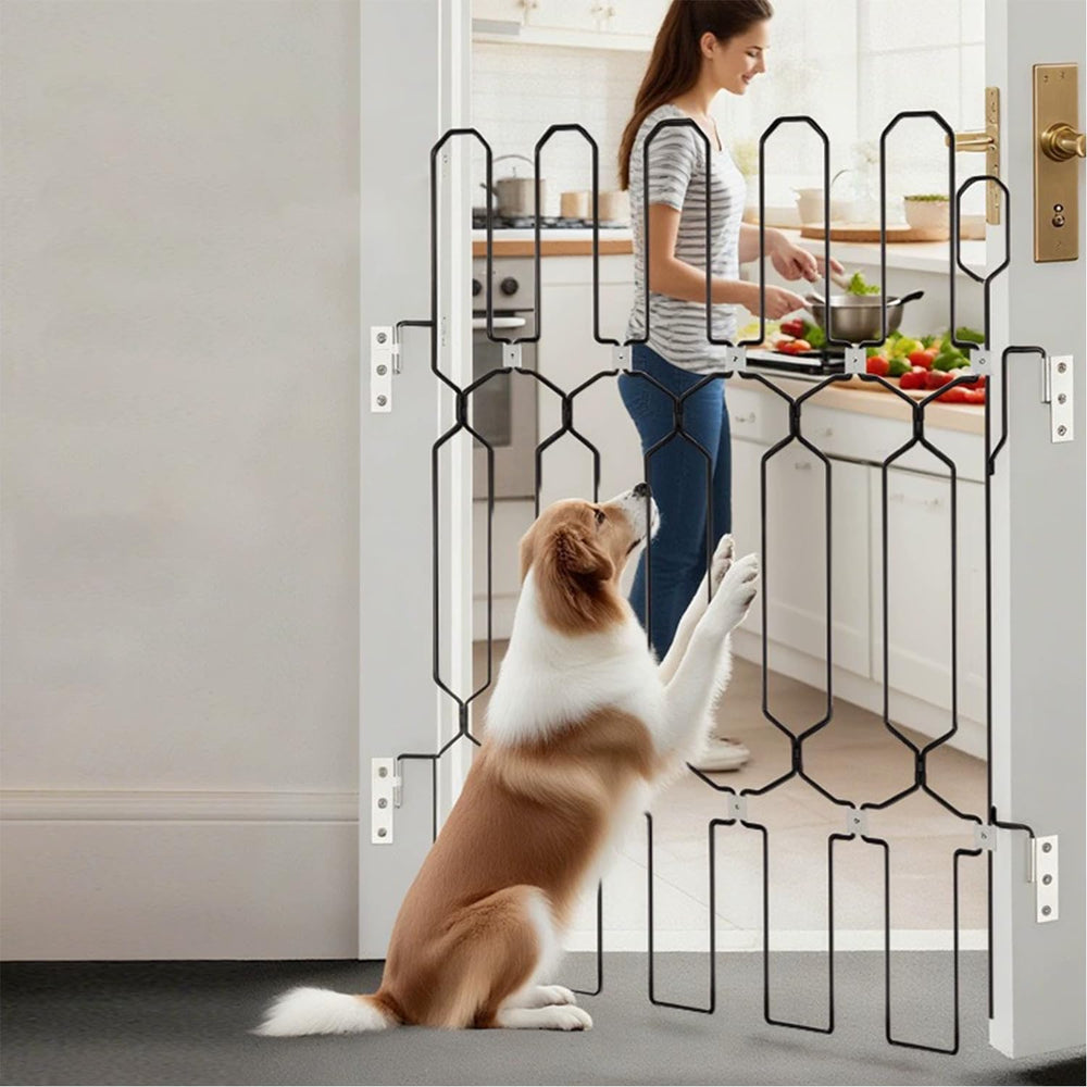 FGGHFT metal telescopic gate blocks a doorway with adjustable width for pets