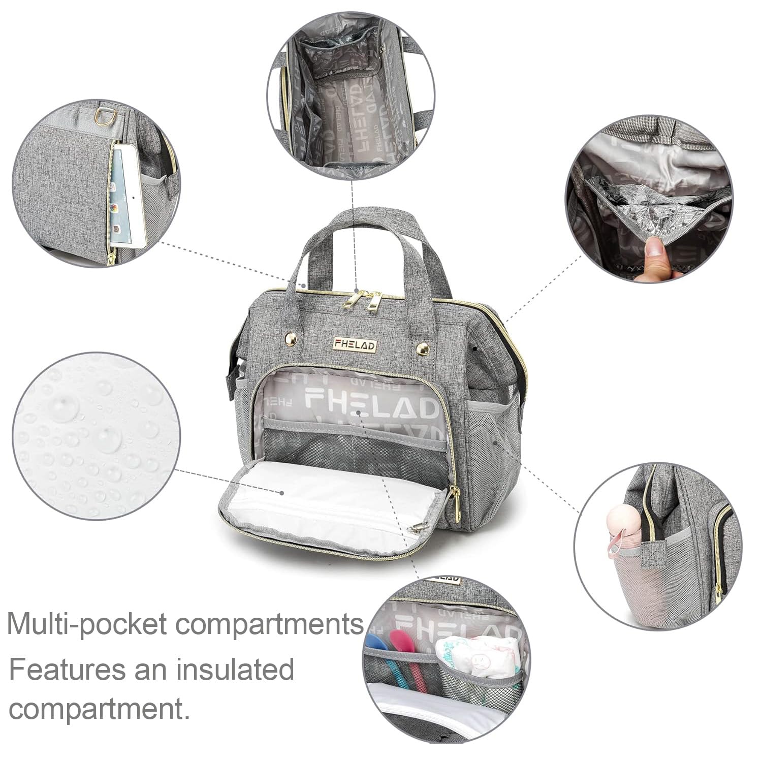 FHELAD gray diaper bag interior organization highlights nine pockets