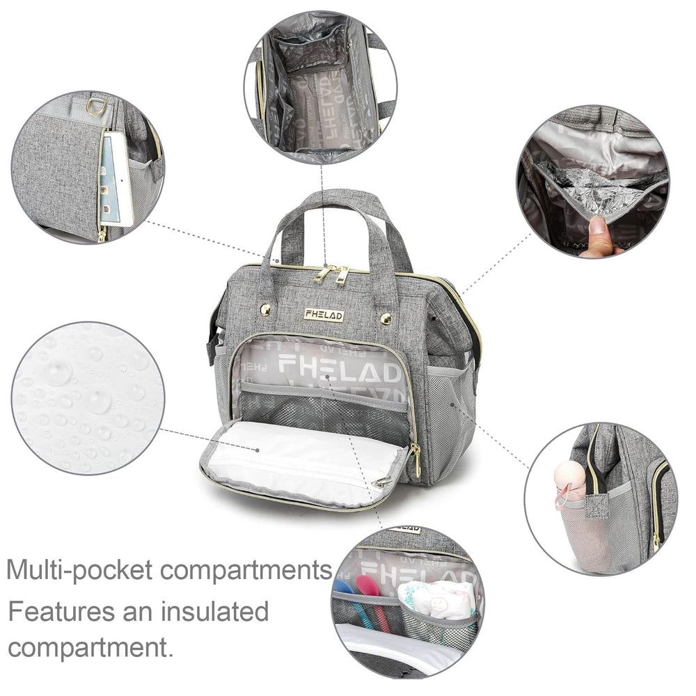 FHELAD gray diaper bag interior organization highlights nine pockets