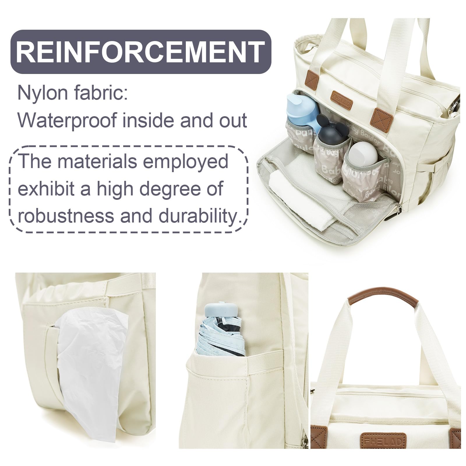 FHELAD diaper bag with insulated bottle pocket keeps drinks warm or cool.