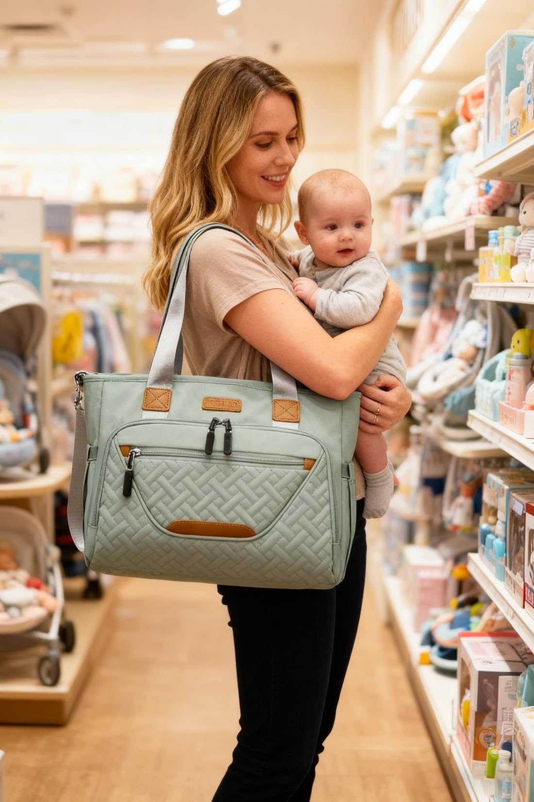 FHELAD Diaper Bag Tote with 16-inch laptop compartment for work and baby gear