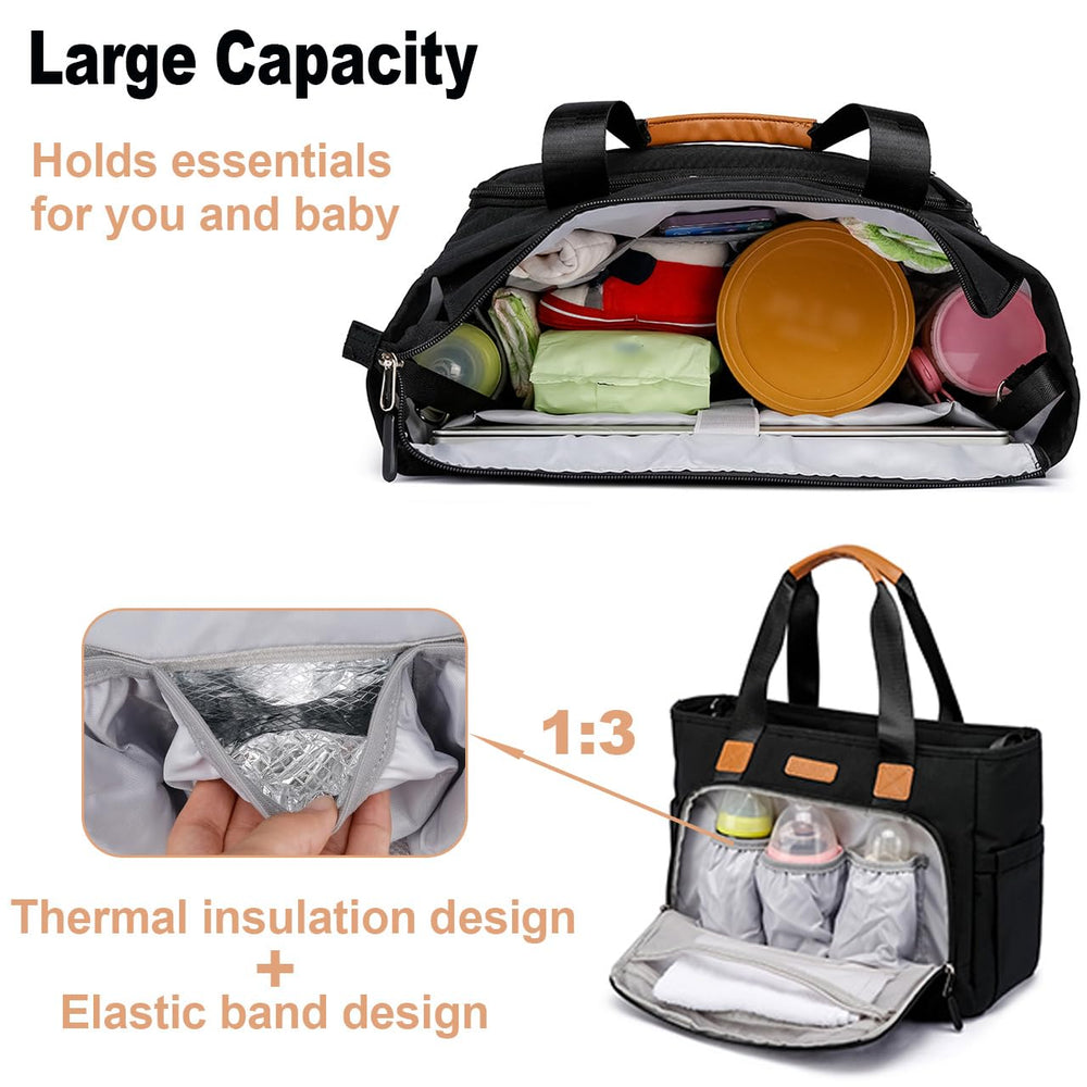 FHELAD Diaper Tote Bag showing a 16-inch laptop compartment for work on the go.