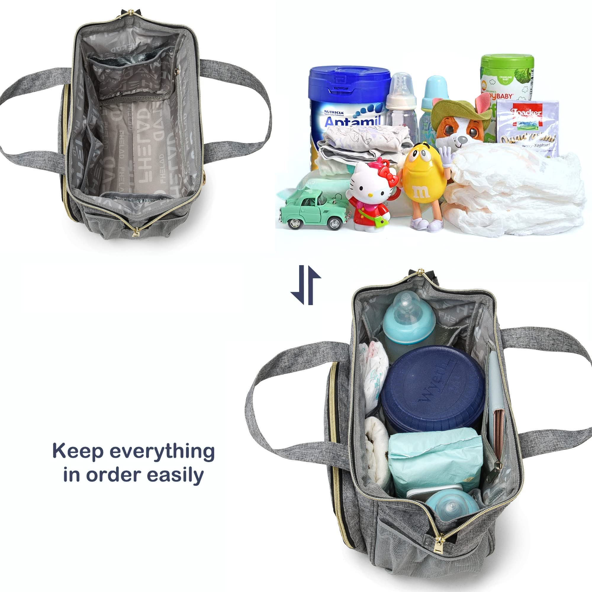 FHELAD gray diaper bag durable zipper for smooth opening