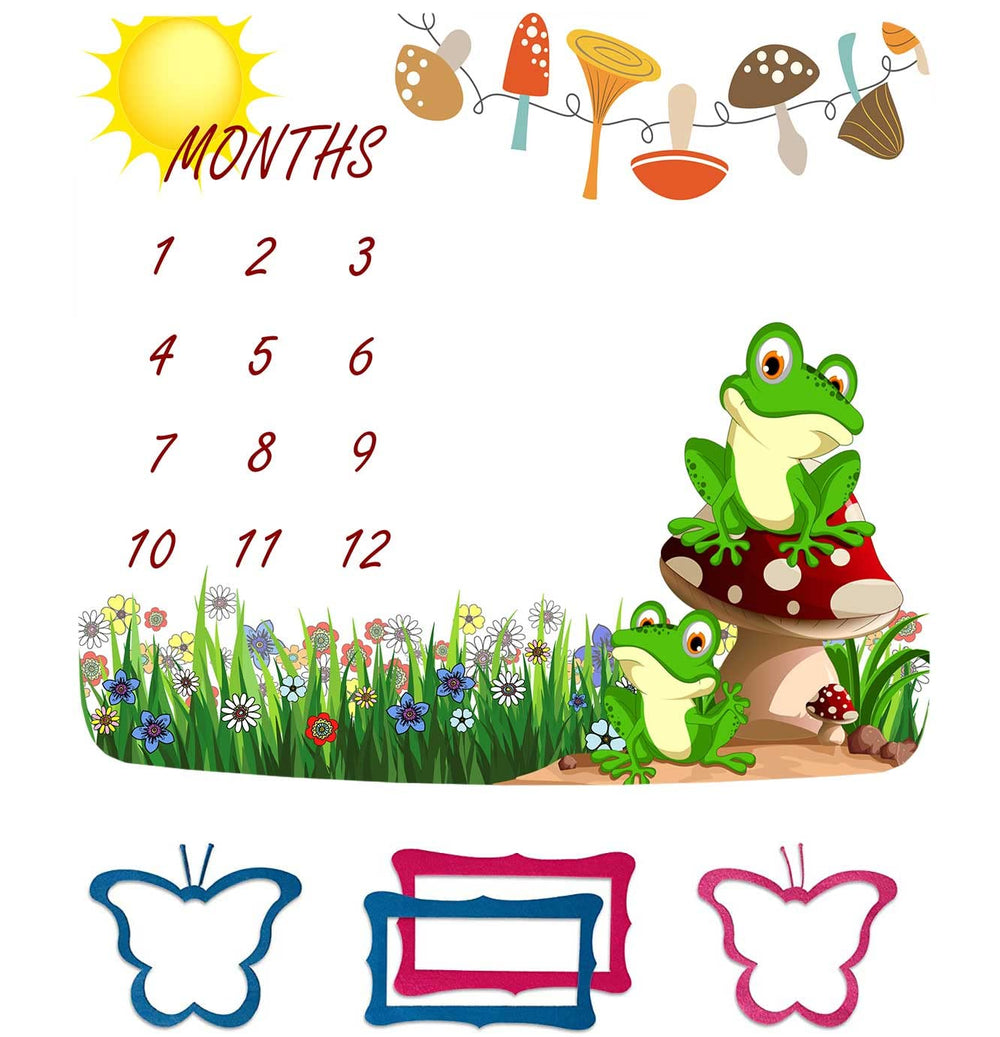 FHZON Frog milestone blanket spread on meadow with mushroom accents for adorable growth photos.
