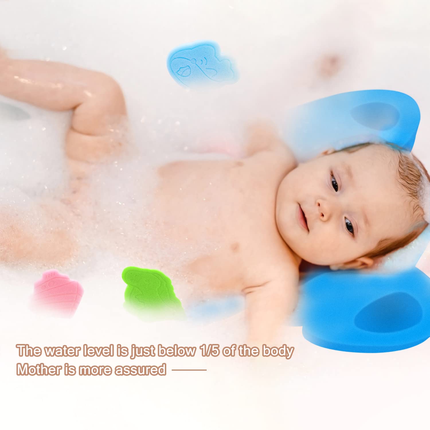 FIABC bath mat blue shows ergonomic head and back support for baby