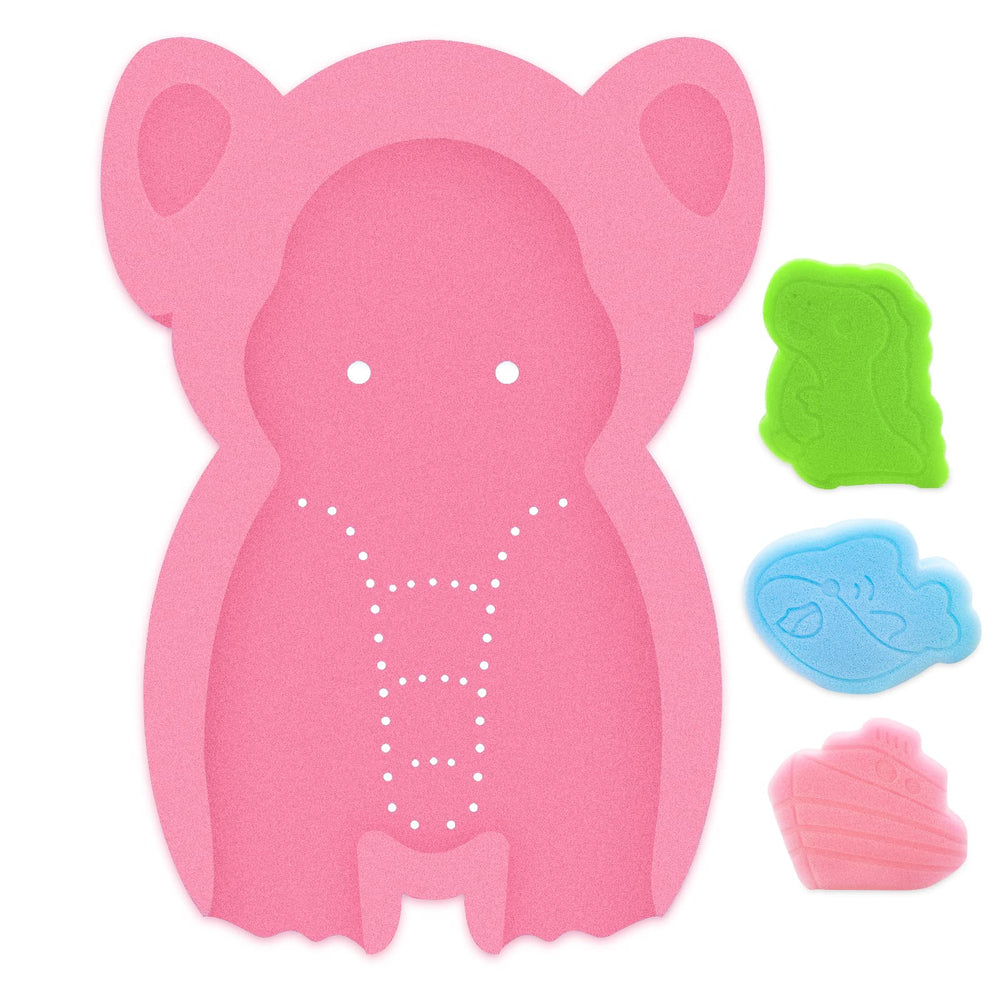 FIABC pink elephant infant bath mat cushions baby during bath time.